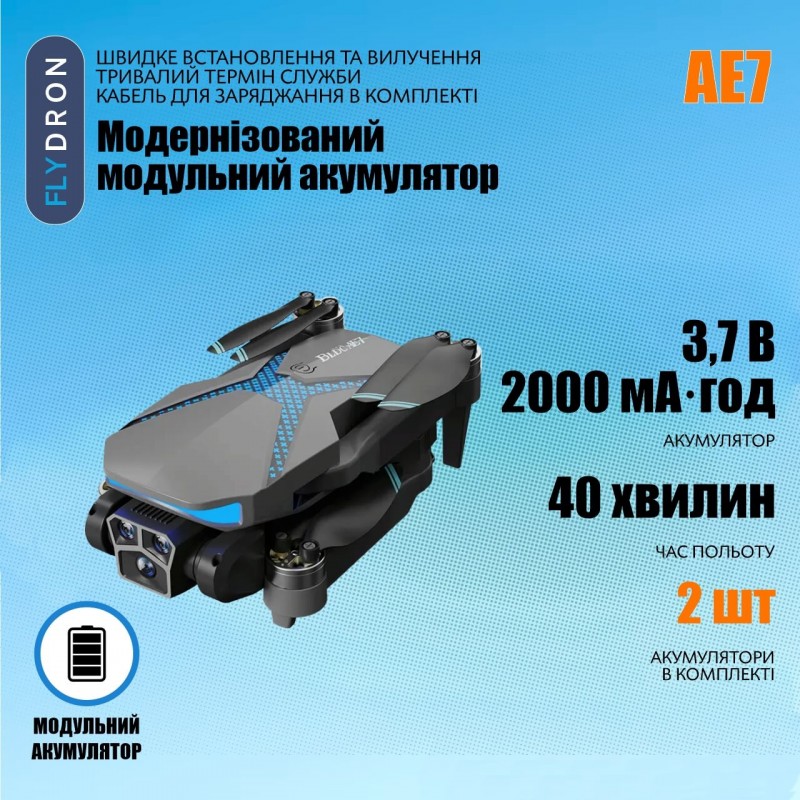 Квадрокоптер AE7 – FPV-дрон з 4K камерою, БК мотори, Уникнення перешкод, Безголовий режим, до 40 (20 + 20) хвилин, до 200 метрів, 156 грамів, Кейс + Додатковий Акумулятор