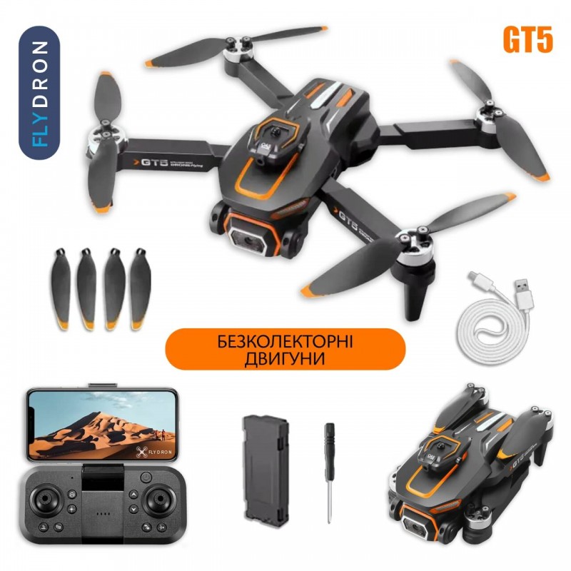 Квадрокоптер GT5 – дрон з 4K і HD камерами, FPV, БК двигуни, АКБ у комплекті, Уникнення перешкод, 3D-перевороти на 360 градусів, до 14 хвилин, до 100 м