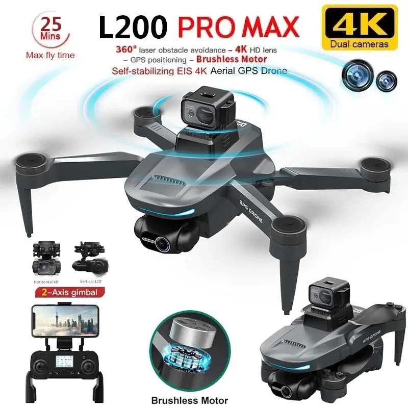 Квадрокоптер LZRC L200 PRO MAX - дрон 4K HD-камера,з 2-осьовим підвісом , з оглядом на 360°, GPS- з уникненням перешкод, Дальність 3000 м, Час польоту: 22 хв, Безколекторний двигун.