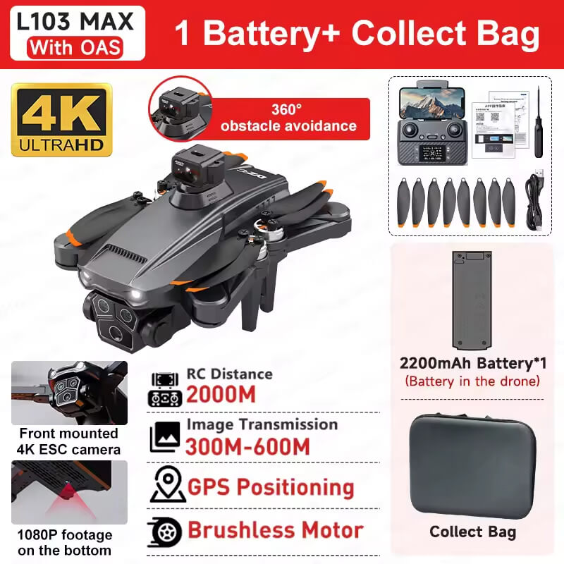 Квадрокоптер LYZRC L103MAX OAS — дрон з 4K та HD камерами, FPV, GPS та 360° уникненням перешкод, до 1200 м, до 25 хвилин у сумці