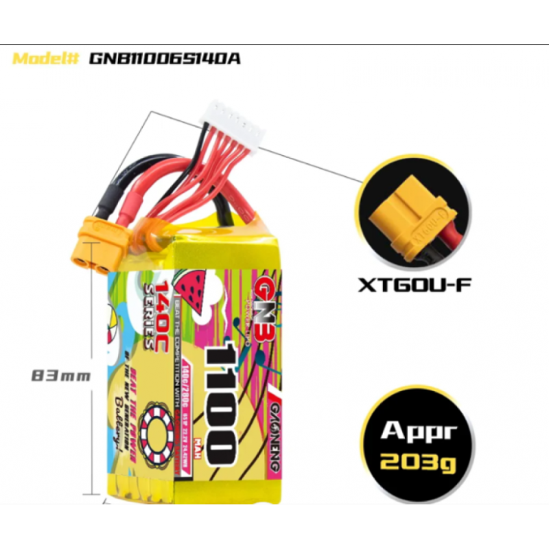 Аккумулятор GAONENG GNB 6S 22.2V 1100 mAh 140C XT60 LiPo Battery – Максимальна потужність для FPV-дронів