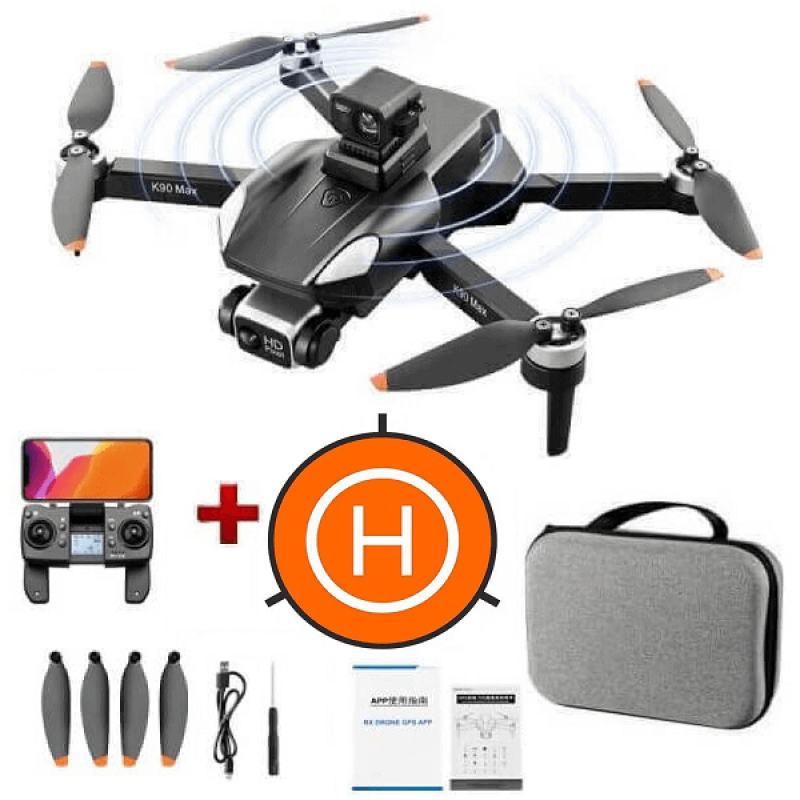 Квадрокоптер RC K90 Max Black − дрон з 4K і HD камерами, GPS, БК мотори, запобігання перешкод, до 1200м, 28 хв у кейсі + злітний майданчик