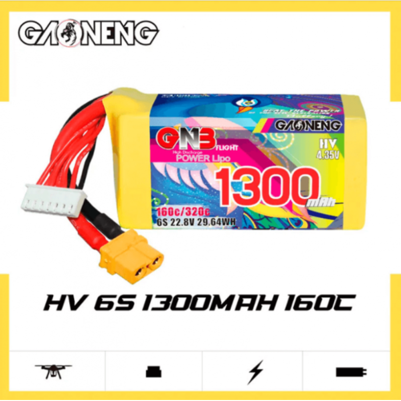 GNB 1300mAh 6S 22.2V 160C (XT60) – потужний LiPo-акумулятор для FPV-дронів