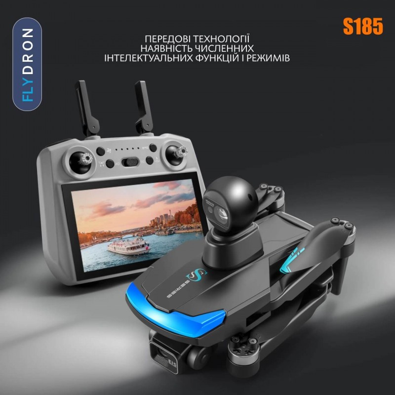 Квадрокоптер S185 Black – дрон з 2.7K і HD камерами, БК мотори, FPV, GPS, 5G Wi-Fi, EIS, 3-осьовий підвіс, Уникнення перешкод, Сенсорний екран 7,2" на пульті, до 23 хвилин, до 5 км, Сумка
