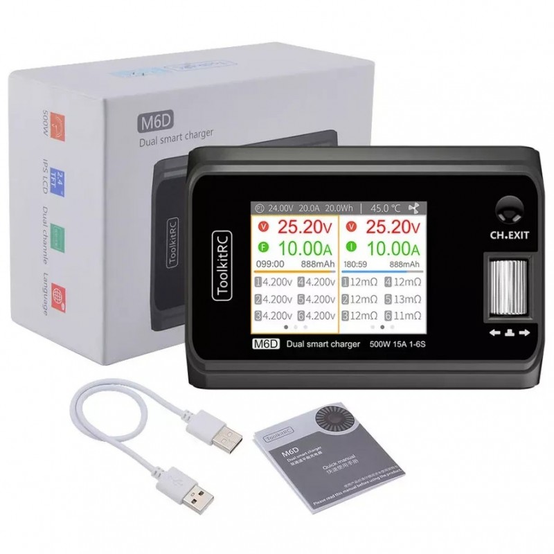 Зарядний пристрій ToolkitRC M6D 500W - двоканальна зарядка на 500 Вт для акумуляторів FPV дронів