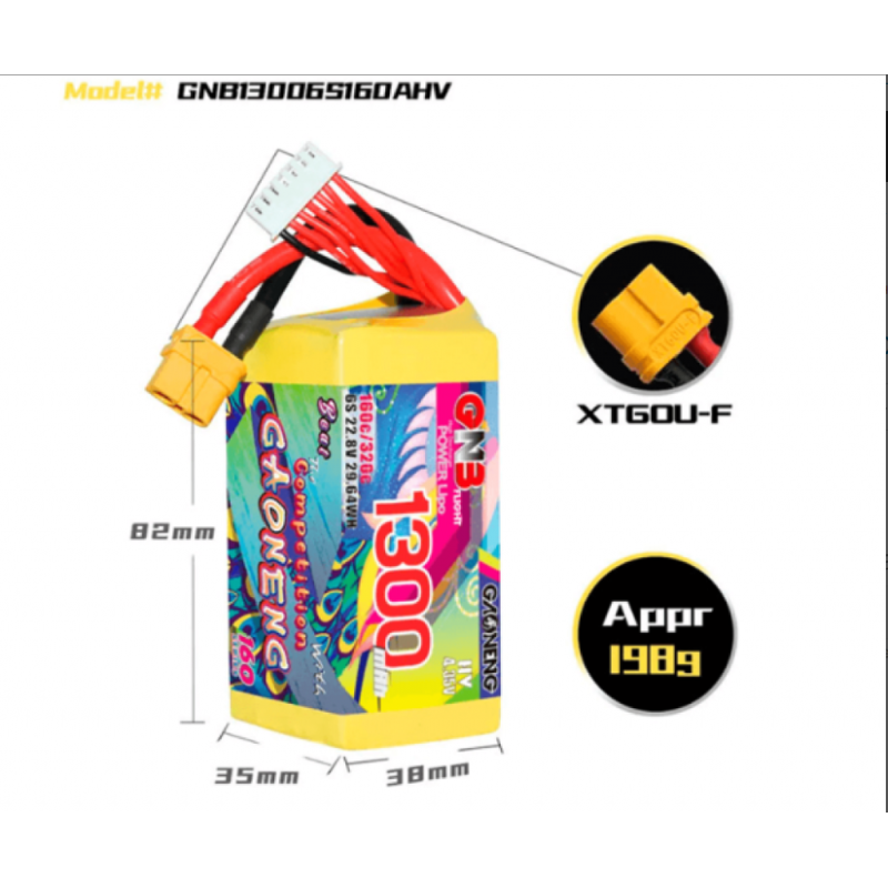 GNB 1300mAh 6S 22.2V 160C (XT60) – потужний LiPo-акумулятор для FPV-дронів
