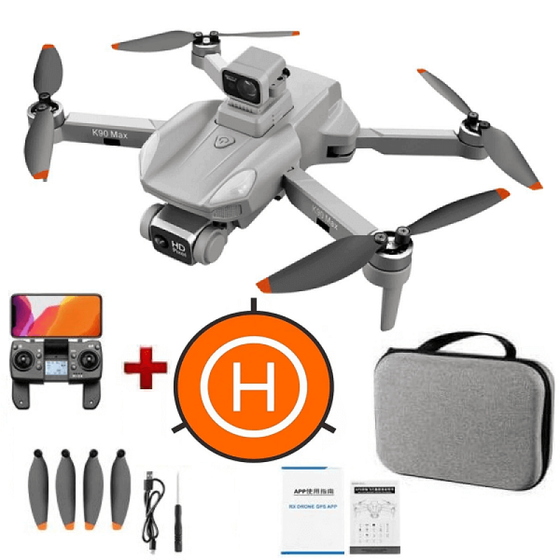 Квадрокоптер RC K90 Max Gray − дрон з 4K і HD камерами, GPS, БК мотори, запобігання перешкод, до 1200м, 28 хв у кейсі + злітний майданчик