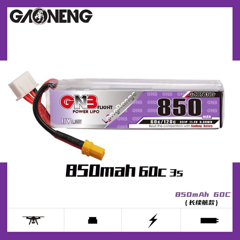 Акумулятор GAONENG GNB LiPo 850 мАг 3S 11,4 В HV 60C 120C з роз'ємом XT30 для FPV дронів